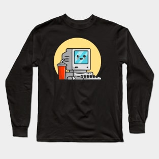 Cute Old Computer Desktop with Coffee Cartoon Vector Icon Illustration Long Sleeve T-Shirt